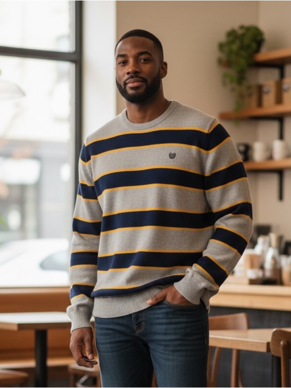 Chaps Men's Gray Crewneck Sweater with Navy & Yellow Stripes